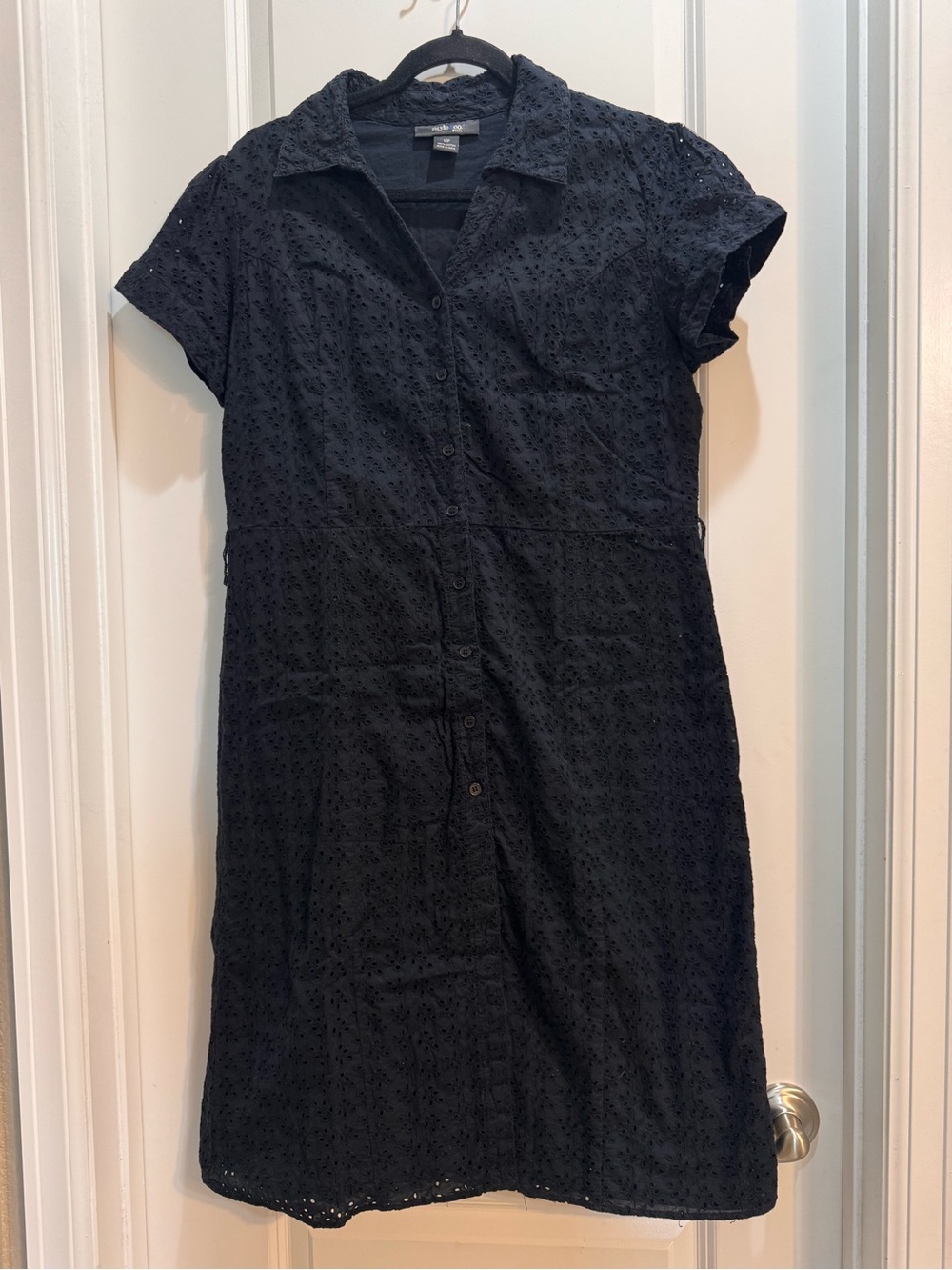 Style & Co Black Eyelet Collared Dress Sz 12P Short Sleeve Armpit To Armpit 20”